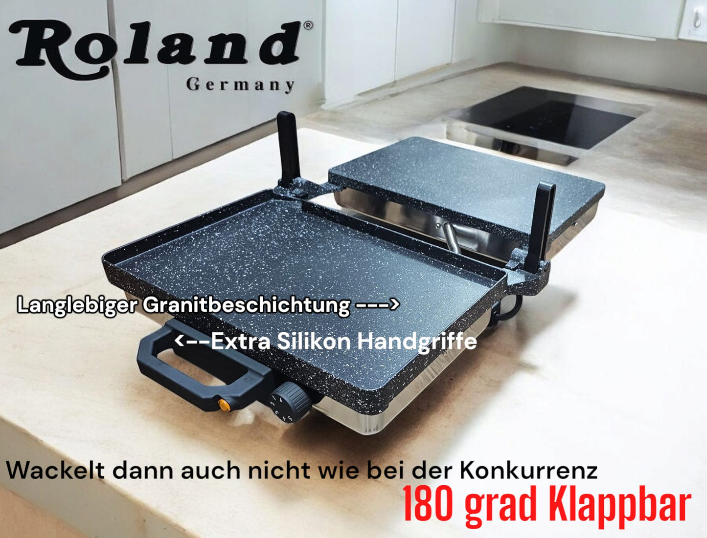 Roland Germany 4-in-1 Multigrill Set, 2000W Kontaktgrill mit Granitbeschichtung, 2200W Teekocher, Mokkamaschine, Kasserolle