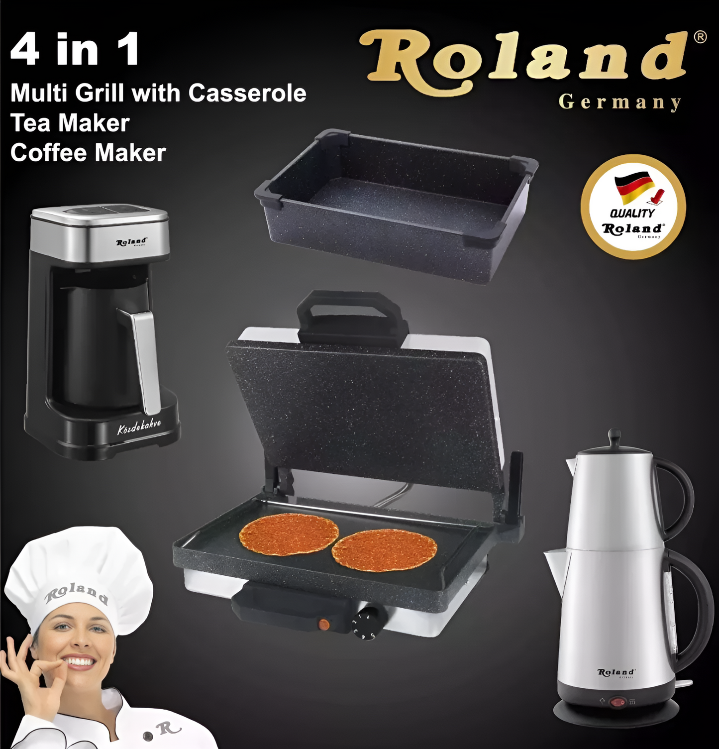 Roland Germany 4-in-1 Multigrill Set, 2000W Kontaktgrill mit Granitbeschichtung, 2200W Teekocher, Mokkamaschine, Kasserolle